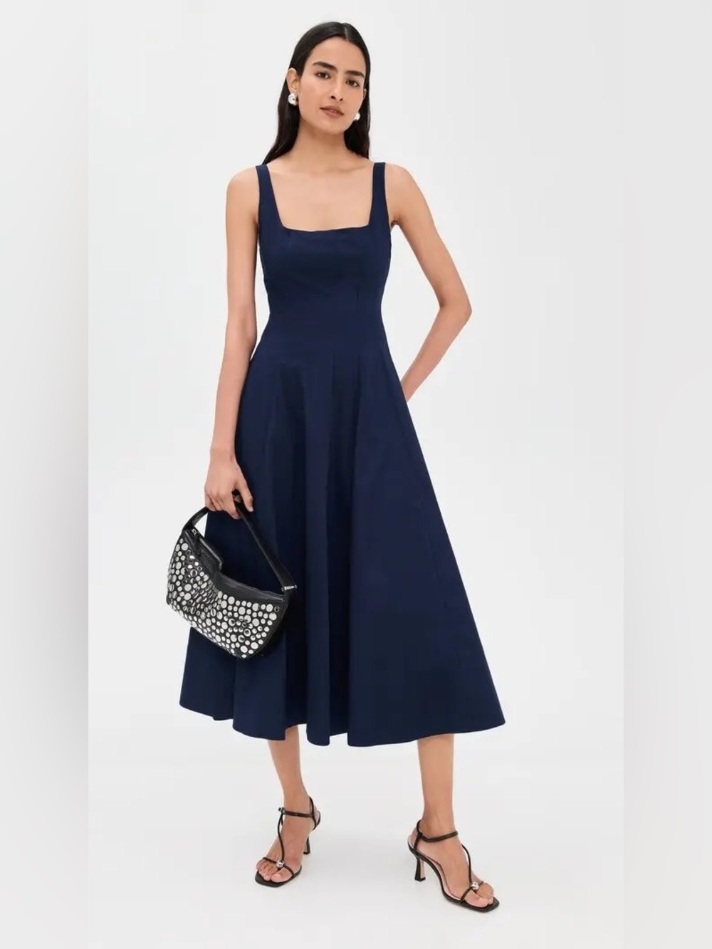 new Staud Wells paneled square neck fit and flare midi dress in navy blue poplin